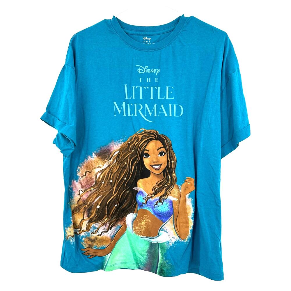 Disney Size M The Little Mermaid Crew Neck T-Shirt Blue Little Mermaid Print